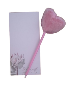 Protea Magnetic Memo Pad & Pink Fluffy Heart Pen