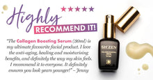 Load image into Gallery viewer, ShZen Collagen Boosting serum bottle with a customer review
