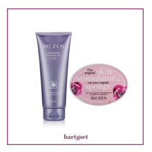 Load image into Gallery viewer, Shizen harmonising cleansing gel tube and skin stimulator sponge on a white background
