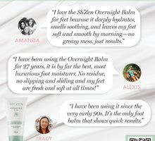 Load image into Gallery viewer, Product advertisement for Sh'Zen Overnight Balm with customer testimonials on a white background.
