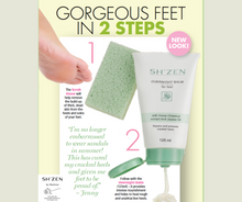 Load image into Gallery viewer, Sh'Zen Overnight Balm for feet and scrub stone with product info and a customer review
