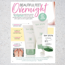 Load image into Gallery viewer, Sh'Zen overnight balm for feet with product info and a customer review
