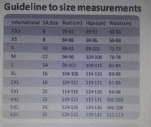 Load image into Gallery viewer, A vertical size guide to measurements chart showing international S/A size, hips (cm), and waist (cm) for sizes XXS to 6XL, with a gray rectangular panel and black text on a light background.
