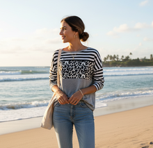 Load image into Gallery viewer, Striped &amp; Leopard Print Longsleeve Top - Grey
