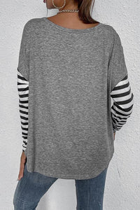 Striped & Leopard Print Longsleeve Top - Grey