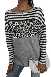 Striped & Leopard Print Longsleeve Top - Grey