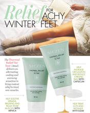 Load image into Gallery viewer, Advertisement for Sh Zen thermal relief for feet with text on relief for achy winter feet.
