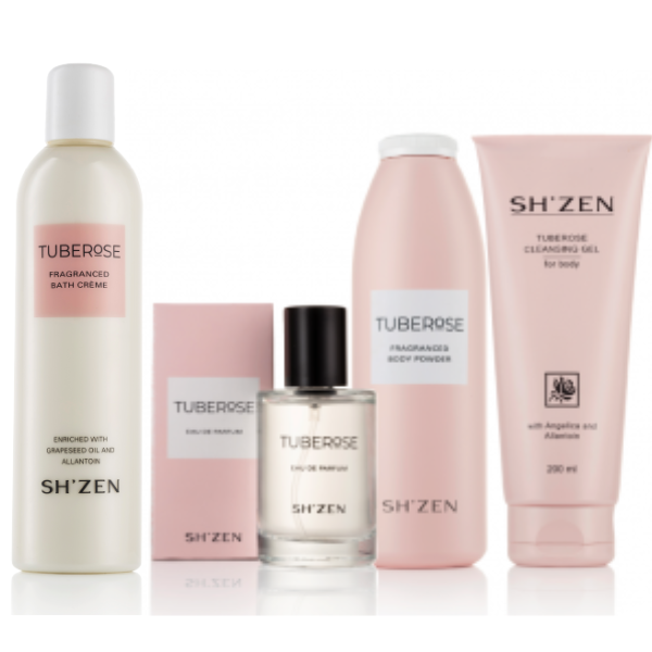 Sh'Zen Tuberose Gift Set:  Bath Cream (250ml) & Eau de Parfum (50ml) & Body Powder (100g) & Cleansing Gel (200ml)