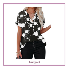 Load image into Gallery viewer, Ladies Floral Print Short Sleeve Blouse - Black &amp; Cream
