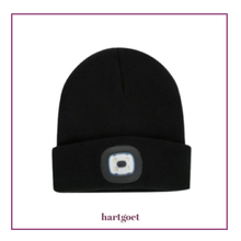Load image into Gallery viewer, Black beanie with a light on a white background.
