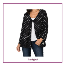 Load image into Gallery viewer, A woman wearing a black long-sleeve cardigan with a white polka dot pattern over a white top and dark blue jeans, shown against a white background with a purple border. The brand name 'hartgoet' is printed at the bottom.
