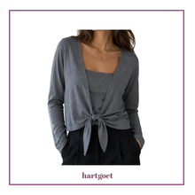 Load image into Gallery viewer, Charcoal bolero cardi on model with hartgoet branding
