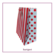 Load image into Gallery viewer, Red and white striped and polka dot paper bag on a white background
