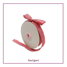 Load image into Gallery viewer, Roll of red and white checkered ribbon with a bow on a white background, branded 'hartgoet'.
