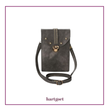 Load image into Gallery viewer, Grey crossbody bag with gold accents on a white background, featuring the brand 'hartgoet'.
