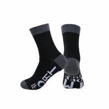 Load image into Gallery viewer, Black and grey socks with white print
