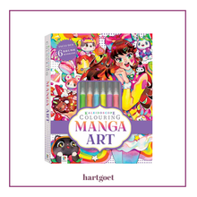 Load image into Gallery viewer, Manga art coloring book set with markers on a colorful background
