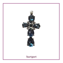 Load image into Gallery viewer, Jewelry pendant with blue crystals on a white background.  
