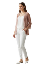 Load image into Gallery viewer, A woman stands against a white background, wearing a white tank top, white pants, white flats, and a sheer brown lace cardigan.
