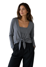 Load image into Gallery viewer, Model wearing a charcoal bolero cardi and black pants, with white background
