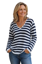 Load image into Gallery viewer, Model wearing a navy and white jersey and jeans, on a white background
