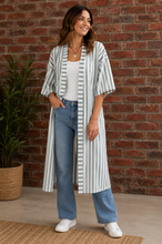 Load image into Gallery viewer, Long Linen Jacket - White &amp; Charcoal Stripe - Earth Angel Clothing
