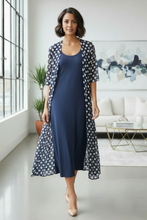 Load image into Gallery viewer, Model wearing Long Navy Tunic Dress &amp; Navy &amp; White Jacket - 
