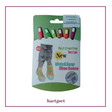 Load image into Gallery viewer, Packaging of colorful shoe laces with a child's feet wearing them on a white background.
