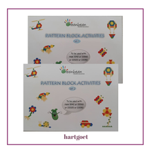 Load image into Gallery viewer, Two sets of Greenbean Pattern Block Activity cards with colorful illustrations on a white background.
