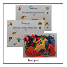 Load image into Gallery viewer, Colorful pattern blocks with packaging labeled 'Greenbean Pattern Block Activities' on a white background.
