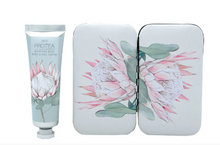 Load image into Gallery viewer, Small tube of hand cream and manicure set with protea print
