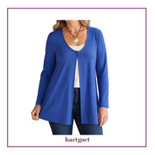 Load image into Gallery viewer, A woman wearing a purple open-front long-sleeve cardigan over a white top and dark jeans, shown against a white background with a purple border. The brand name hartgoet appears at the bottom.
