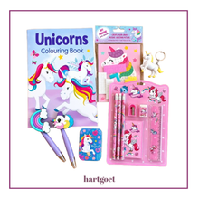 Load image into Gallery viewer, A unicorn-themed stationery and coloring set on a white background with a purple border. The set includes a 'Unicorns Colouring Book', a packaged unicorn mosaic picture, a small unicorn keychain, two pens, a stationery set, and a small blue tin.  
