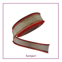 Load image into Gallery viewer, Roll of red and gold ribbonon a white background.  
