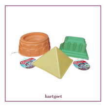 Load image into Gallery viewer, Colorful plastic sand moulds including a pyramid shape and shapes of the Parthenon and Colosseum, on a white background.
