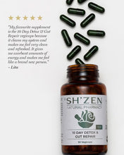 Load image into Gallery viewer, Sh'Zen 10 Day Detox &amp; Gut Repair supplement bottle with capsules on a white background and a customer review
