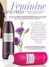 Load image into Gallery viewer, Two bottles of Sh'Zen fragranced body powders, Solstice and Saffron Oud, with product information and a customer review
