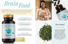 Load image into Gallery viewer, Promotional image of Sh'Zen Brain Food supplement with text and a person holding a book.
