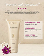 Load image into Gallery viewer, SH'ZEN Cellular Boost neck and bust cream tube on a textured beige background with promotional text, star icons, ingredient callouts, a dollop of cream, and purple flowers at the bottom.
