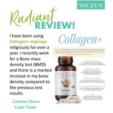 Load image into Gallery viewer, Collagen+ vegicaps bottle with customer review text on a white background
