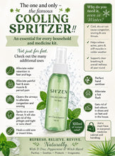 Load image into Gallery viewer, An informational product poster for SH'ZEN Cooling Spritzer for feet, featuring a central bottle of the green spray, surrounding text benefits, and decorative botanical and water-themed graphics on a white background.
