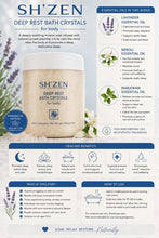 Load image into Gallery viewer, An informational product graphic for Shizen Deep Rest Bath Cystals, featuring product descriptions, essential oil ingredients, healing benefits, and usage instructions on a white background with blue accents.
