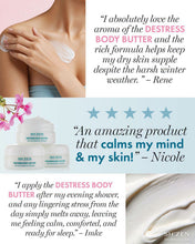 Load image into Gallery viewer, A promotional collage for Shizen Destress Body Butter featuring three white jars of the product, customer review quotes from three women, and a close-up of a smooth cream texture. The layout has a light blue and white background with pink accents.
