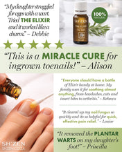 Load image into Gallery viewer, Advertisement for Sh'zen Elixir with customer testimonials and product image.
