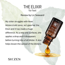 Load image into Gallery viewer, Bottle of ShZen Elixir for feet with a customer testimonial
