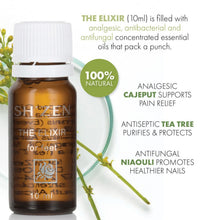 Load image into Gallery viewer, An amber glass bottle of SHiZEN The Elixir for feet with a white cap, shown on a white background with green botanical accents and product feature text.
