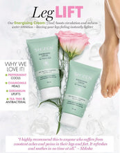 Load image into Gallery viewer, Two tubes of SHZEN Energizing Cream for heavy legs are displayed on a white background with water droplets, a pink rose, and a person's foot. The ad includes text detailing the benefits of the peppermint, chamomile, and geranium scents.
