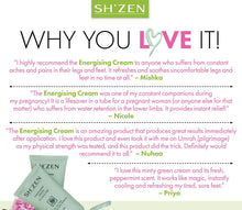 Load image into Gallery viewer, A promotional graphic for SH'ZEN Energising Cream with customer testimonials in pink text, a mint green heart icon, and two small product packets shown at the bottom left on a white background.
