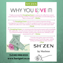 Load image into Gallery viewer, Advertisement for Sh'Zen cream with customer testimonials on a green background
