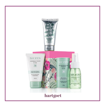Load image into Gallery viewer, Set of 4 ShZen travel size foot products with a decorative box on a white background

